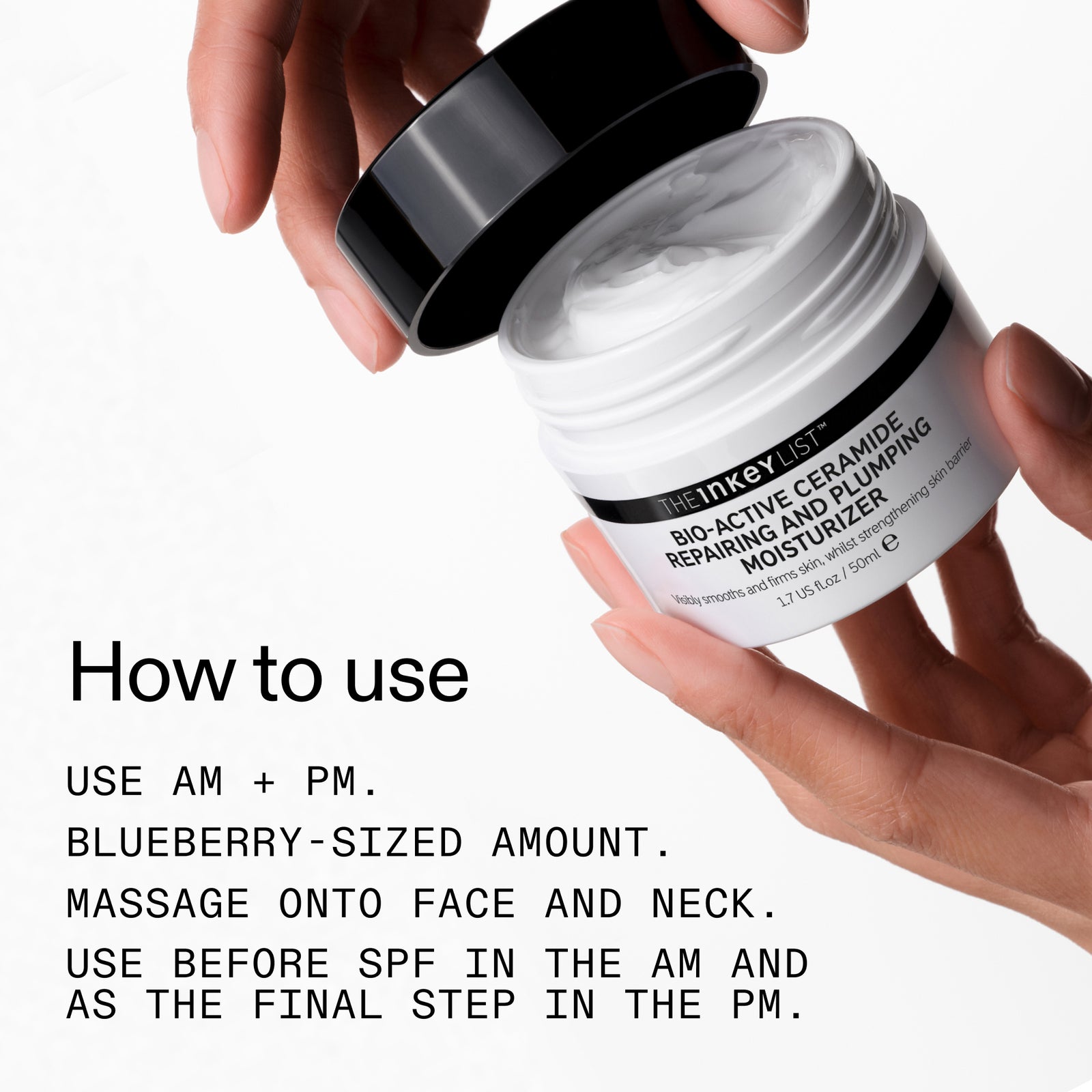 Skincare product jar with application instructions on a white background