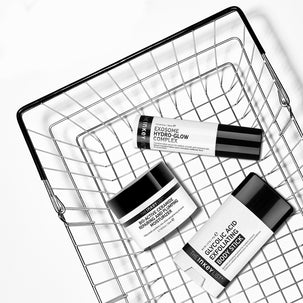 Skincare products from The Inkey List on a wire basket