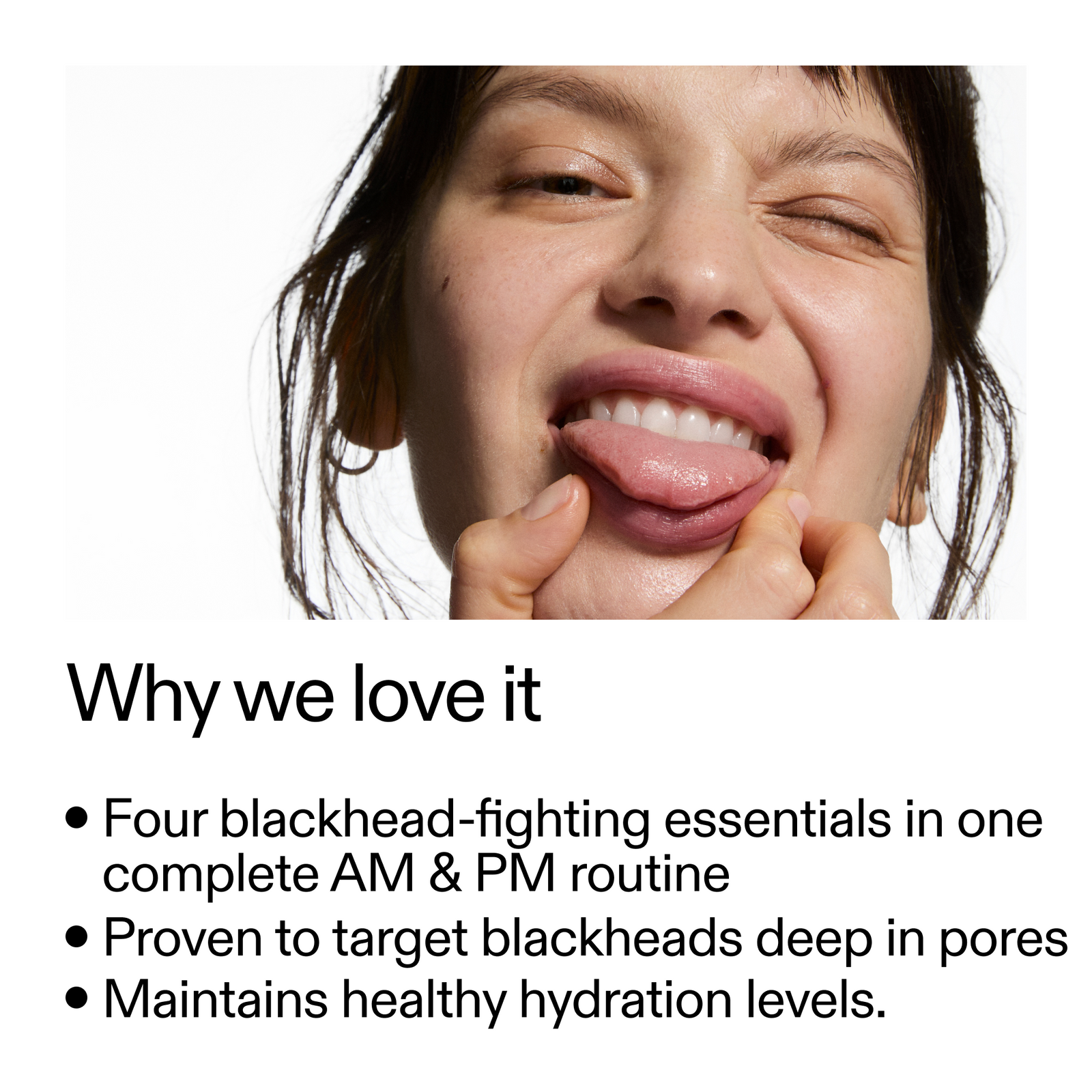 Person with blackhead-prone skin showing a blackhead, with text about skincare products.