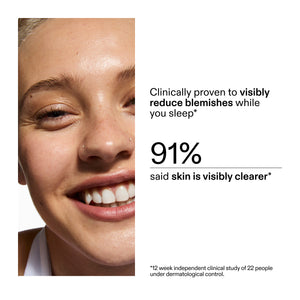 Advertisement forBlemish Clearing Moisturizer with 2% Novoretin showing a close-up of a person's face with text about clinical results.