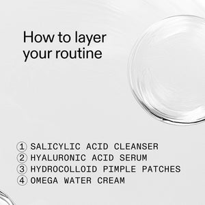 Step-by-step guide on how to layer a skincare routine with text and a clear container.
