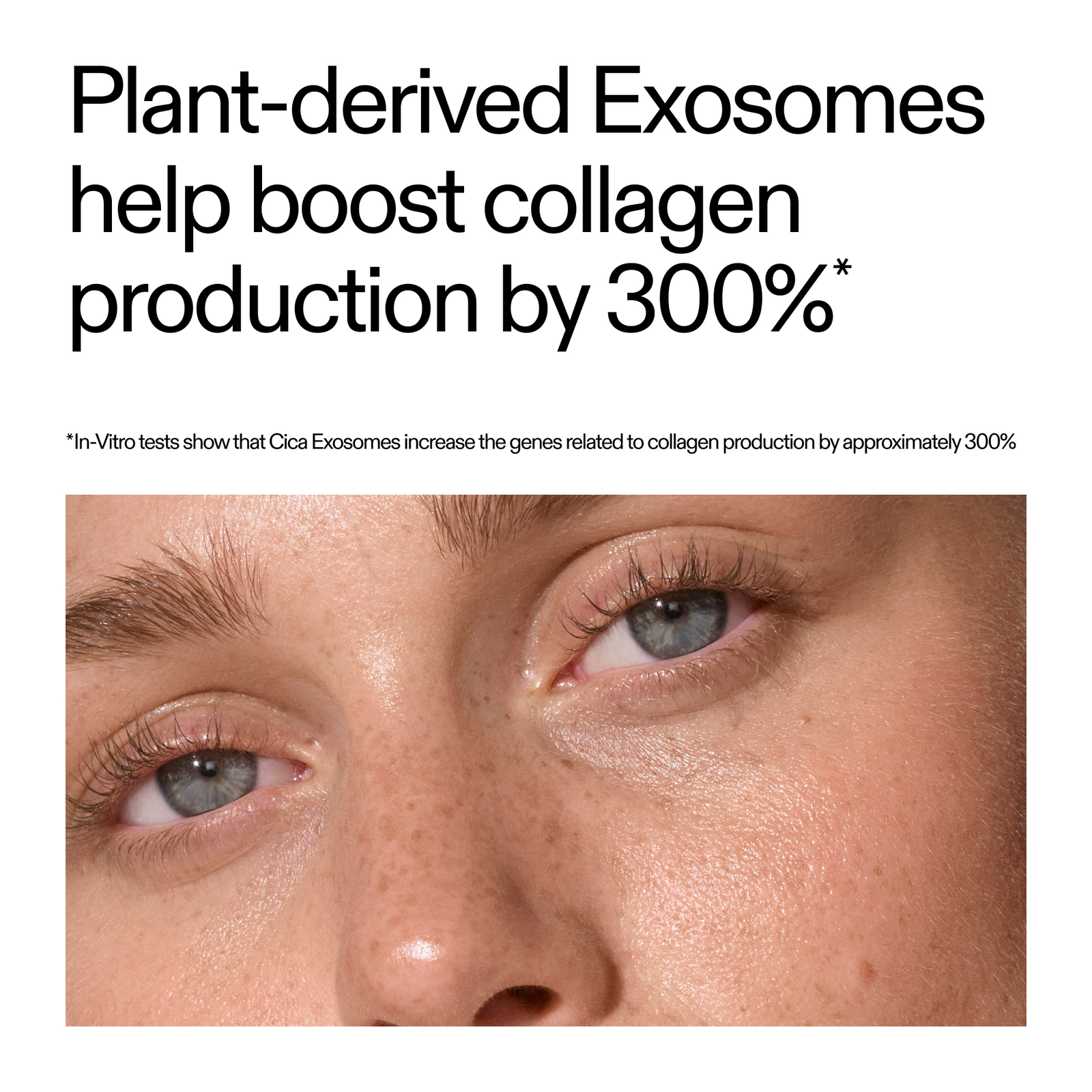 close up of someones face and key claim about Exosome effectiveness for collagen production