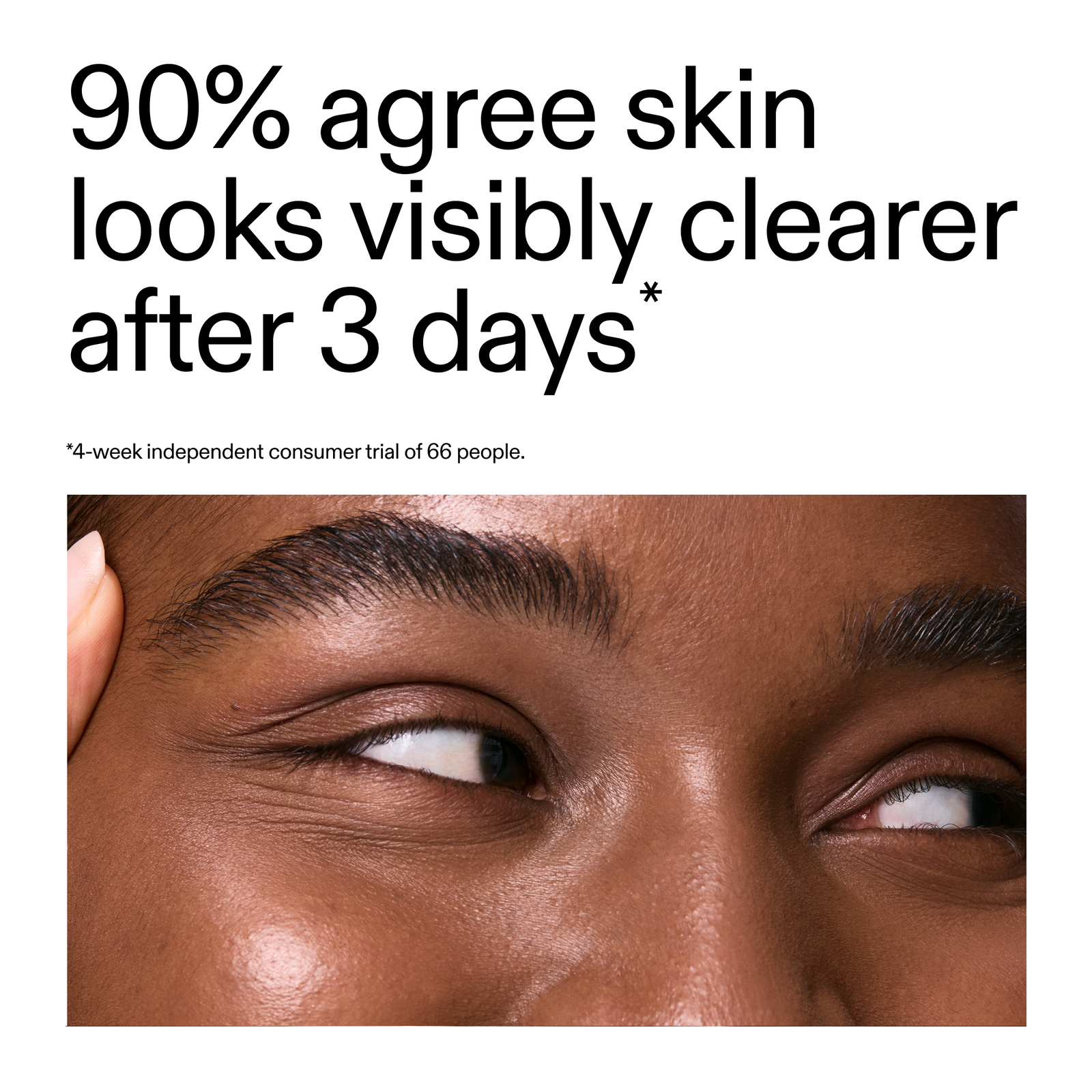 Advertisement with text about skin clarity improvement after 3 days, featuring a close-up of a person's eye.