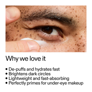 Close-up of eye with under-eye cream application and text about product benefits.