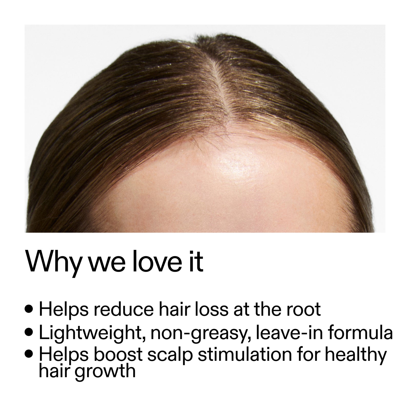 Close-up of hair with text about Caffeine stimulating scalp treatment on a white background