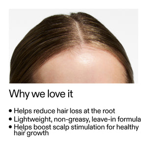 Close-up of hair with text about Caffeine stimulating scalp treatment on a white background