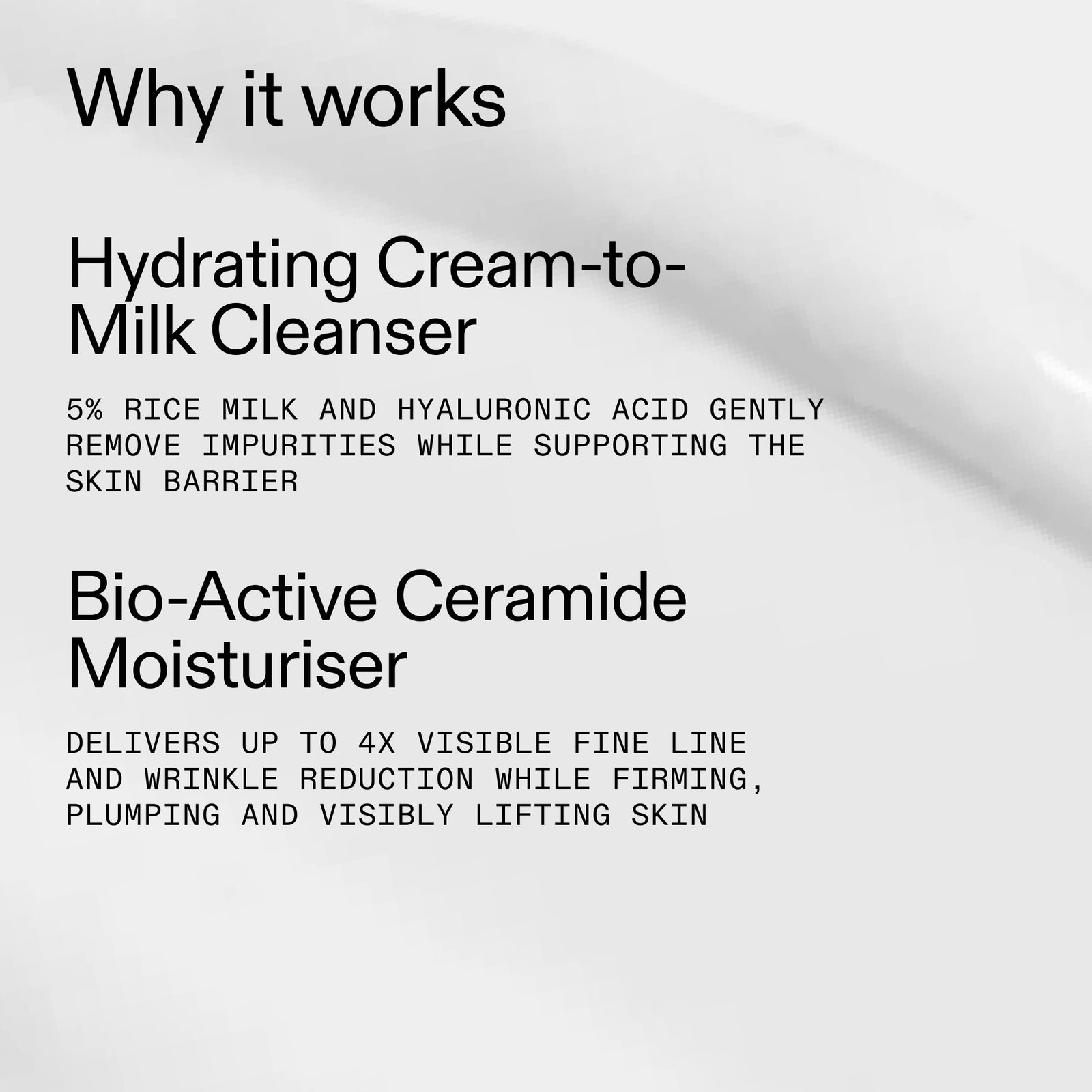 Text describing skincare products with a white background