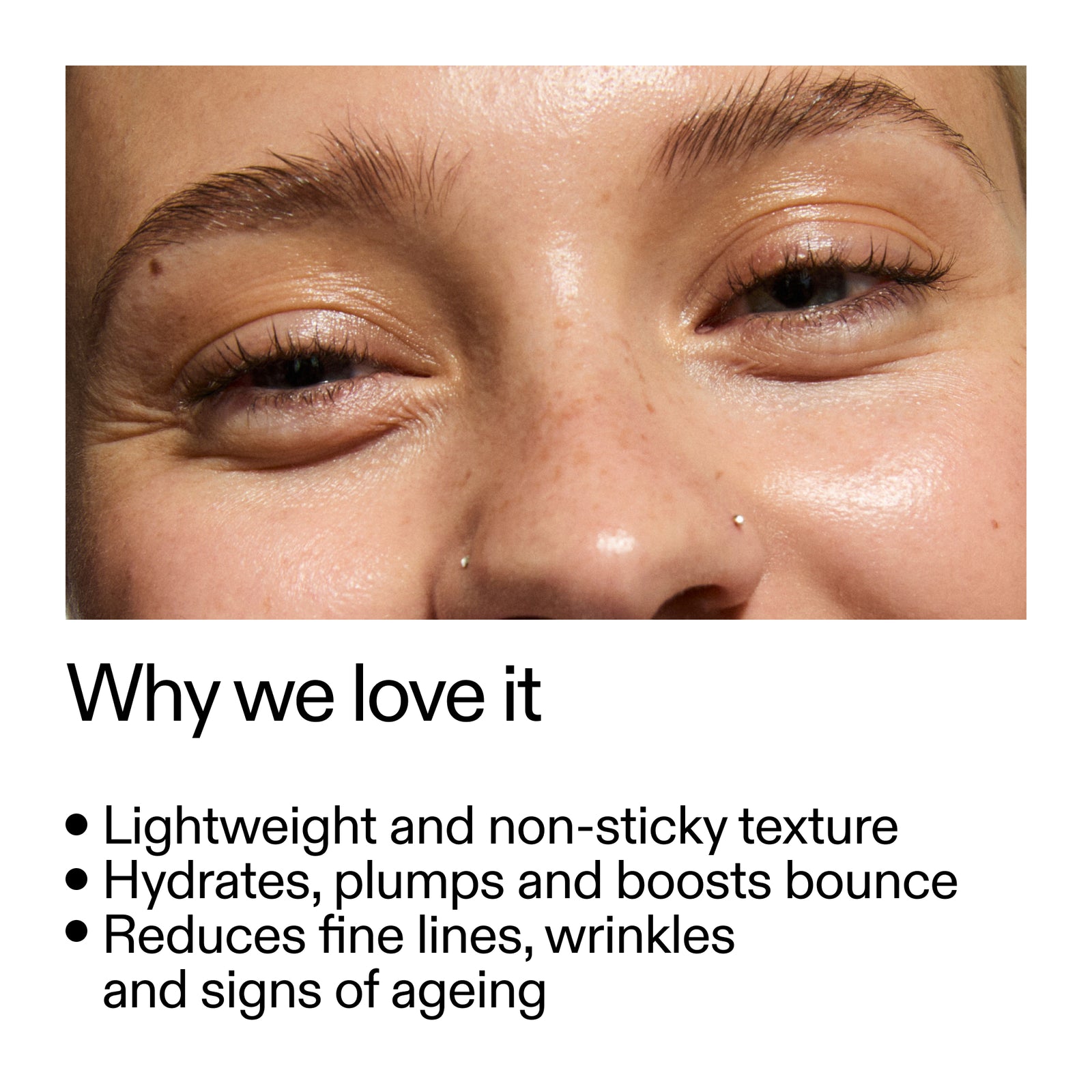 Close-up of a person's eye with text highlighting Collagen Peptide Serum benefits on a white background