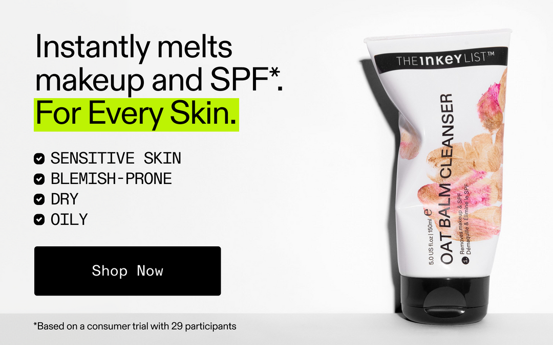 Oat balm cleanser with text highlighting its benefits on a white background