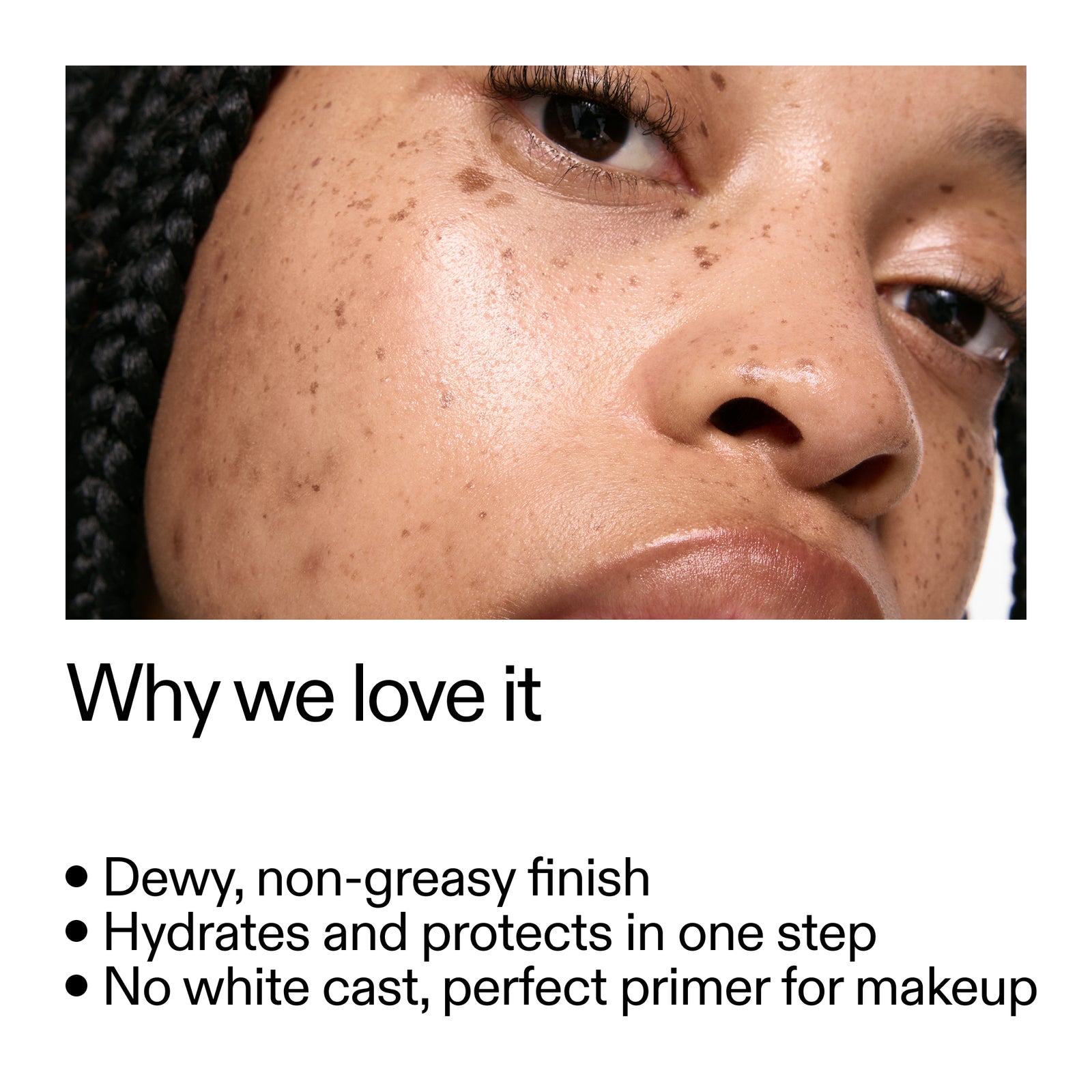 Close-up of a person's face with text highlighting Dewy Sunscreen SPF 30 features.