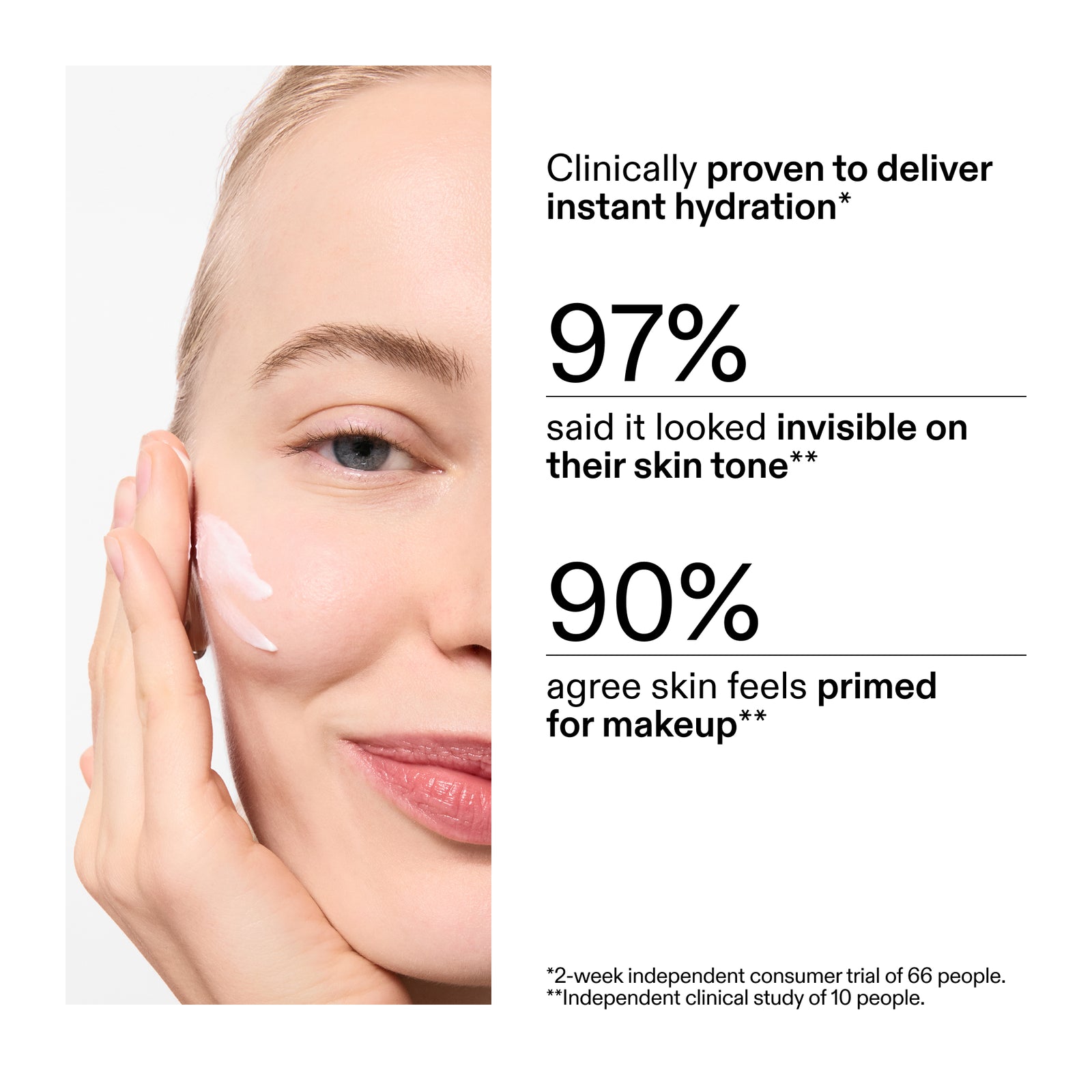 woman's face with text about instant hydration and user feedback from clinical study
