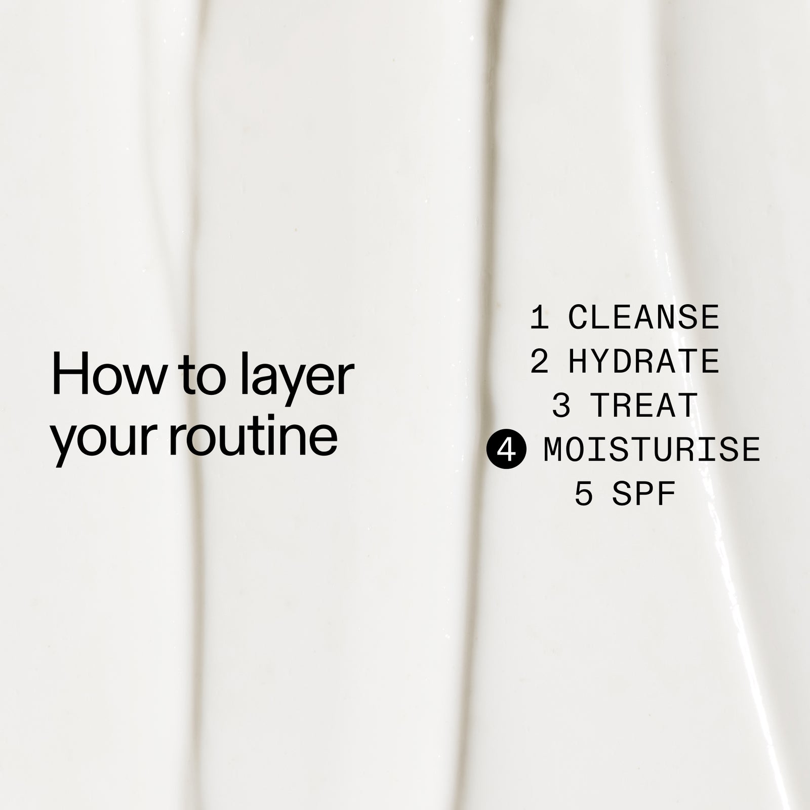 Text overlay on a white background with steps for layering 10% Urea Moisturiser in a skincare routine.