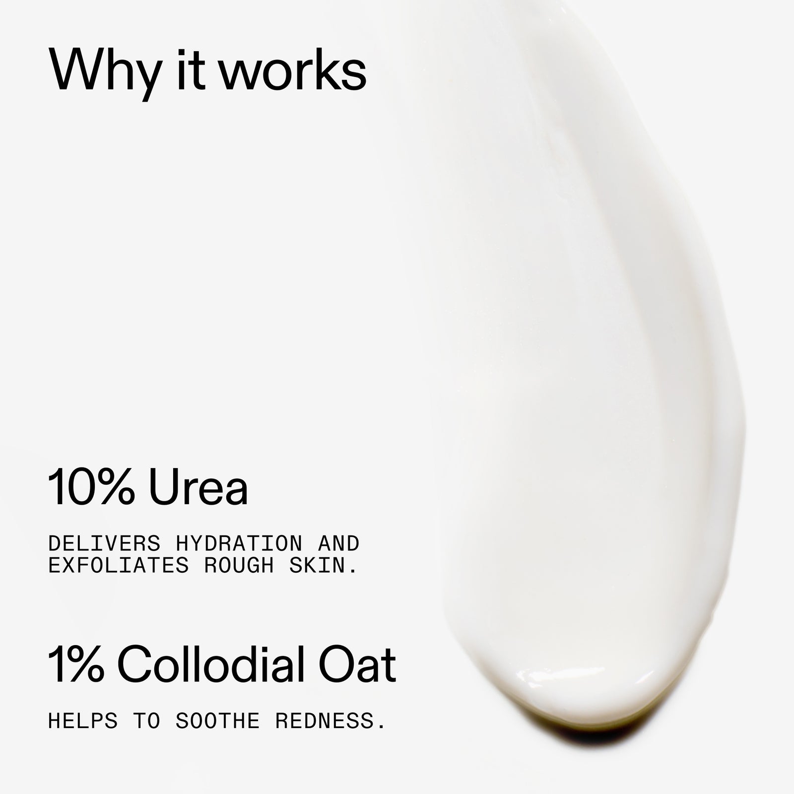 Close-up of a 10% Urea Moisturiser with text explaining its ingredients and benefits on a white background.