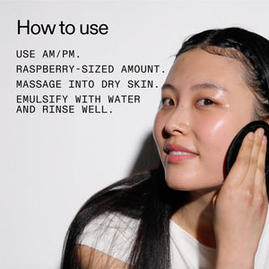 Woman applying skincare product with text on how to use it