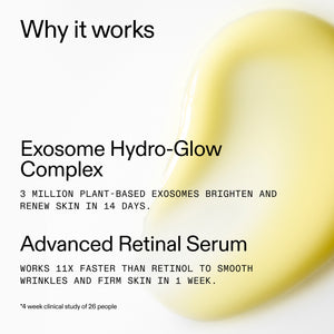 Advertisement for Exosome Hydro-Glow Complex and Advanced Retinal Serum with text on a white background.