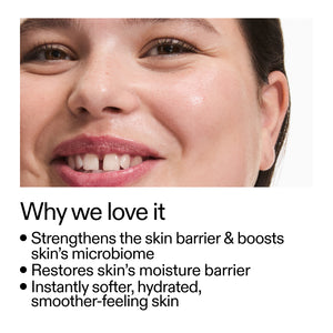 Close-up of a woman's face with text highlighting skincare benefits of using Ectoin Hydro-Barrier Serum