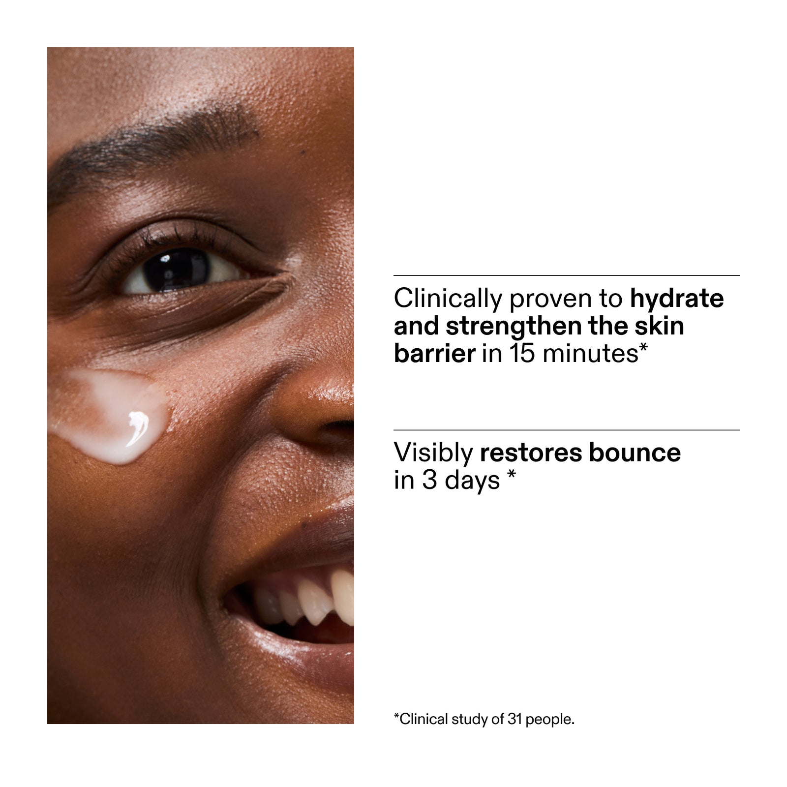 Close-up of a person's face with skincare product, text about skin barrier restoration from a clinical study of using Ectoin Hydro-Barrier Serum