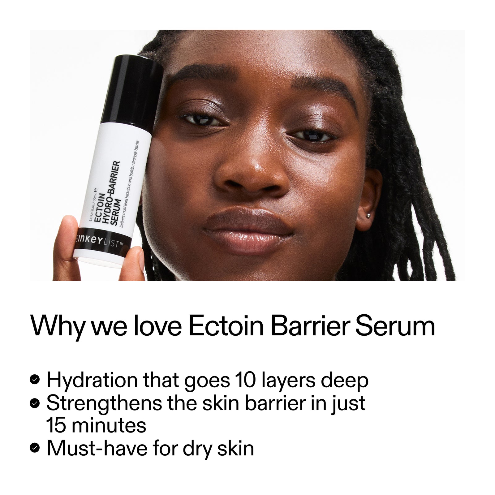 Person holding a skincare serum with text about Ectoin Barrier Serum benefits on a white background