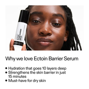 Person holding a skincare serum with text about Ectoin Barrier Serum benefits on a white background
