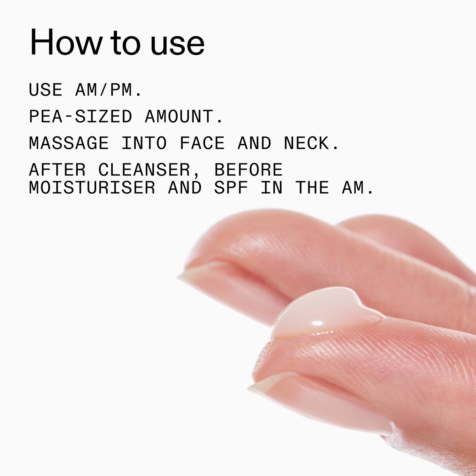 Instructions on how to use 20% Niacinamide Serum with a close-up of hands applying it.