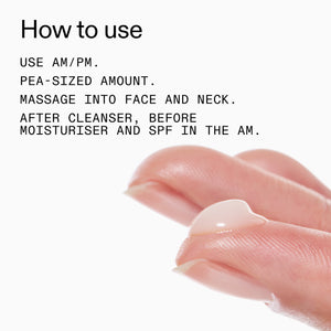 Instructions on how to use 20% Niacinamide Serum with a close-up of hands applying it.
