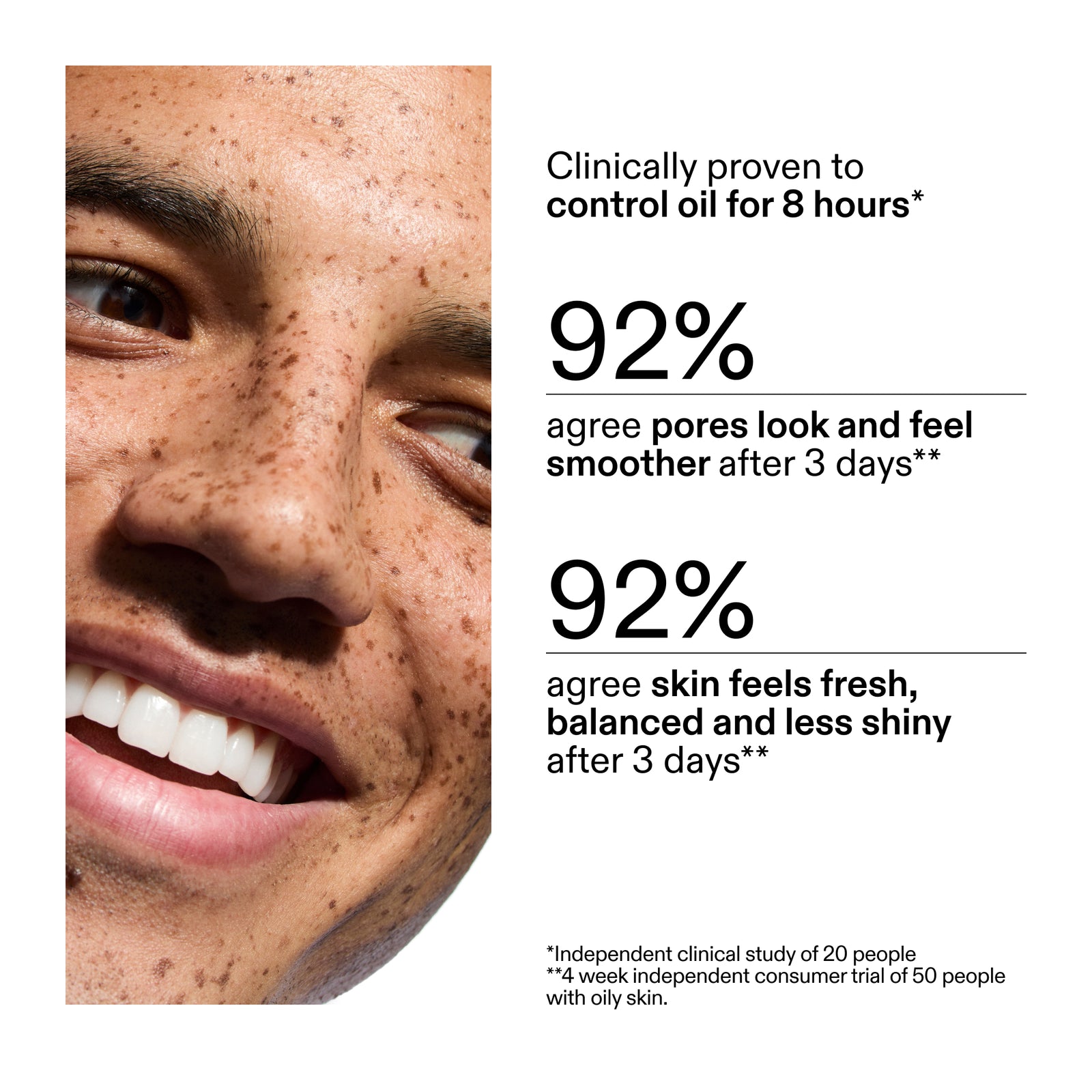 Advertisement showing a close-up of a person's face with text about skincare product effectiveness of using 20% Niacinamide Serum