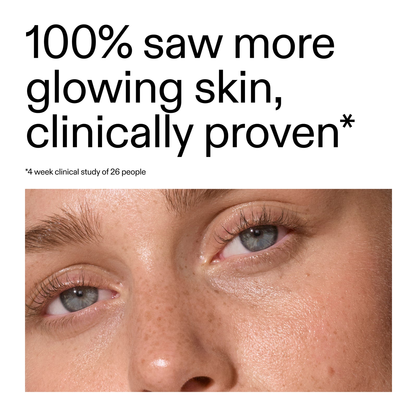 Close-up of a person's eye with text claiming clinical proven results for glowing skin.