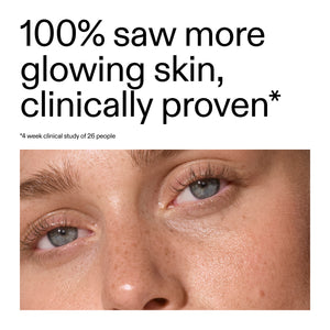 Close-up of a person's eye with text claiming clinical proven results for glowing skin.