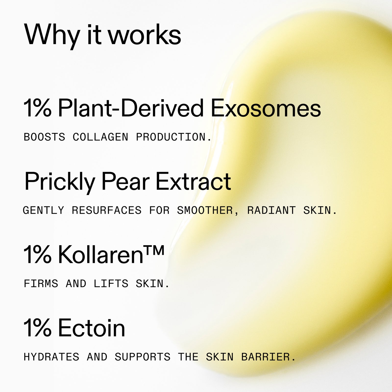 Text detailing the benefits of plant-derived exosomes, prickly pear extract, Kollaren, and ectoin with a blurred yellow object in the corner.