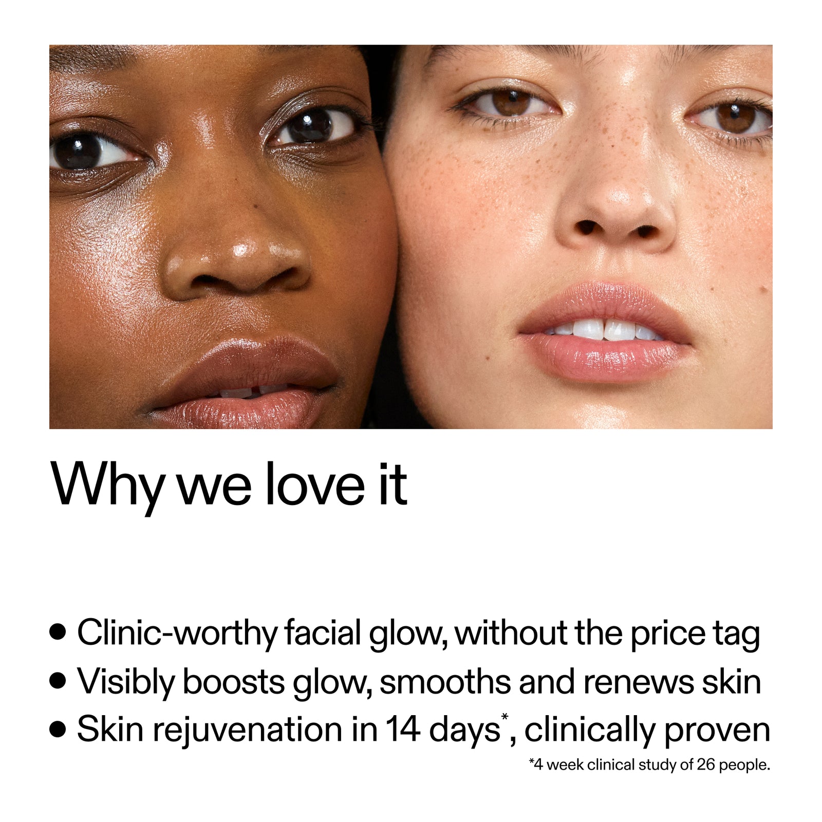 Two faces side by side with text about skincare product benefits.