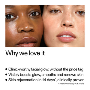 Two faces side by side with text about skincare product benefits.