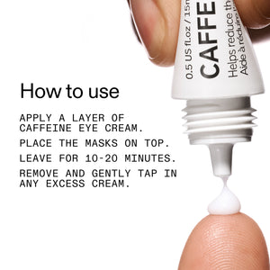 Caffeine eye cream being applied with text on how to use it