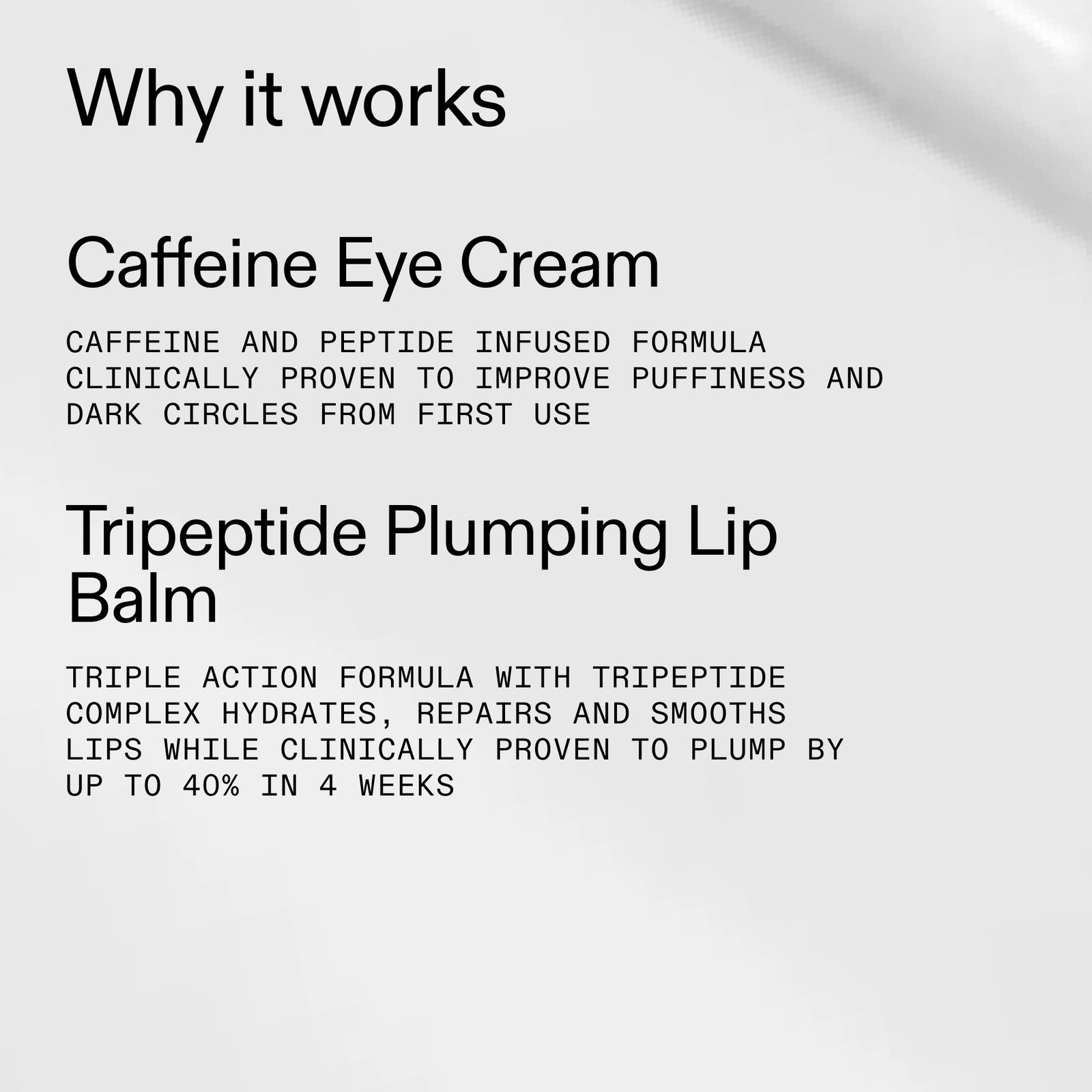 Text describing caffeine eye cream and tripeptide plumping lip balm with product benefits on a white background.