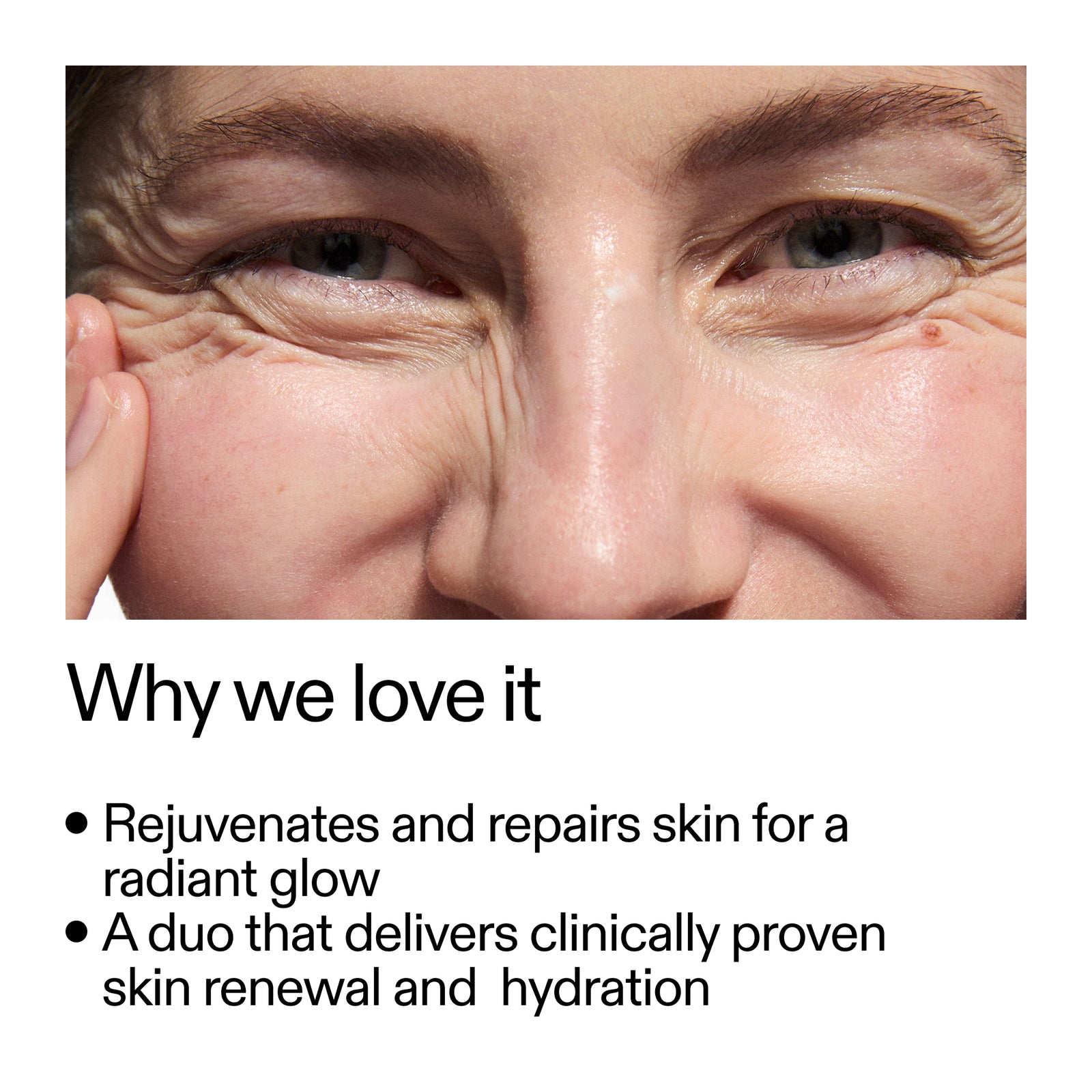 Close-up of a person's eye with text about skin rejuvenation and repair.