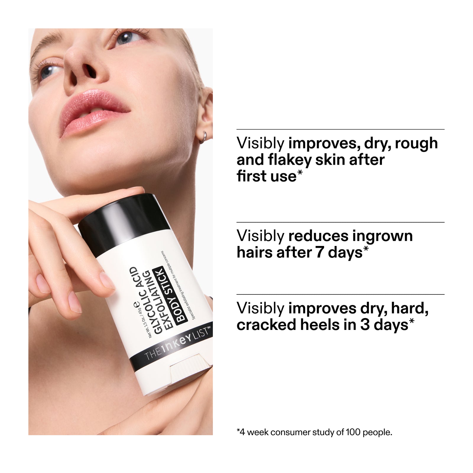Exfoliating stick with text on skin benefits and consumer study details
