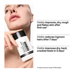Exfoliating stick with text on skin benefits and consumer study details