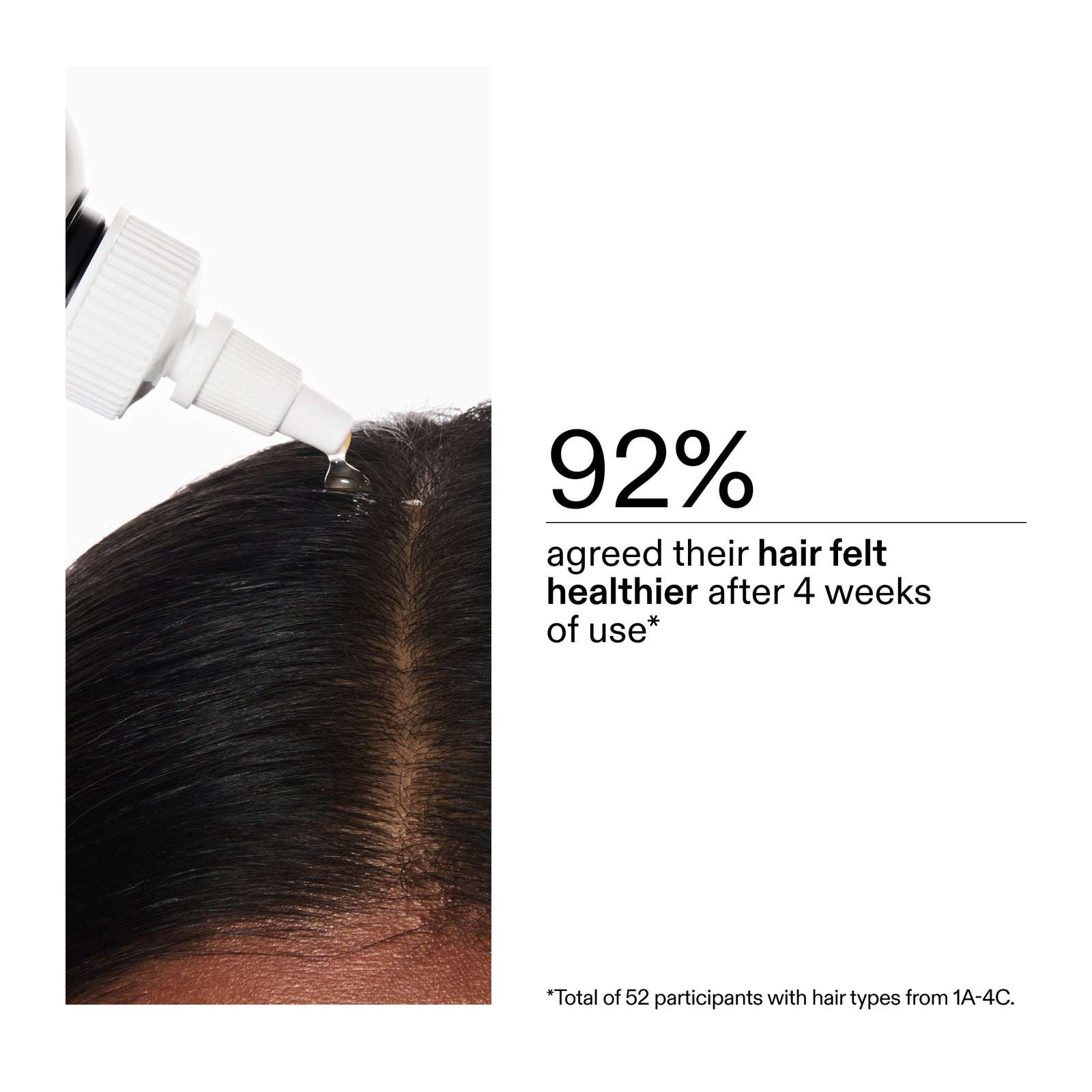 Glycolic Acid Exfoliating Scalp Scrubt being applied to hair with text indicating 92% of users found their hair healthier after 4 weeks.