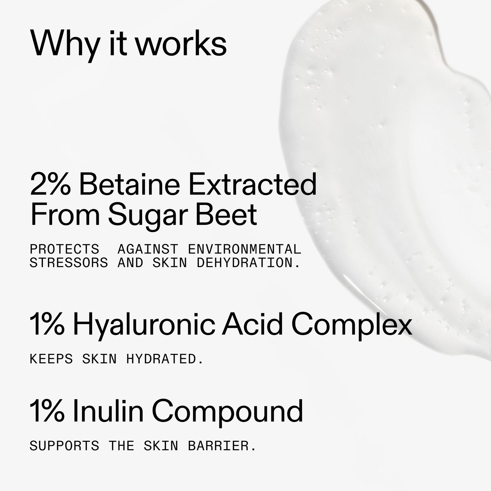 Text detailing skincare ingredients in Hyaluronic Acid Cleanser with a close-up of a skincare product.