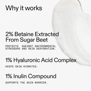 Text detailing skincare ingredients in Hyaluronic Acid Cleanser with a close-up of a skincare product.