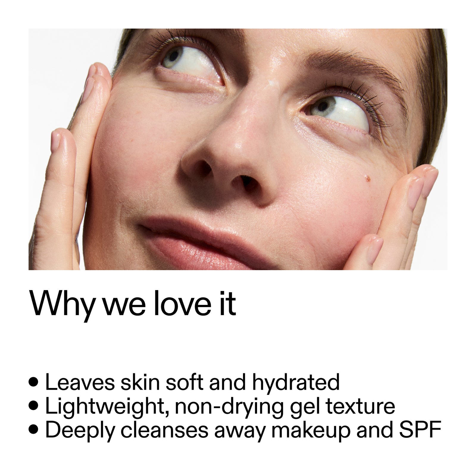 Close-up of a person's face with text highlighting Hyaluronic Acid Cleanser benefits