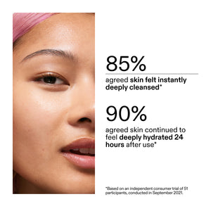 Advertisement showing a close-up of a person's face with skincare product, featuring statistics on skin cleansing and hydration from a clinical study
