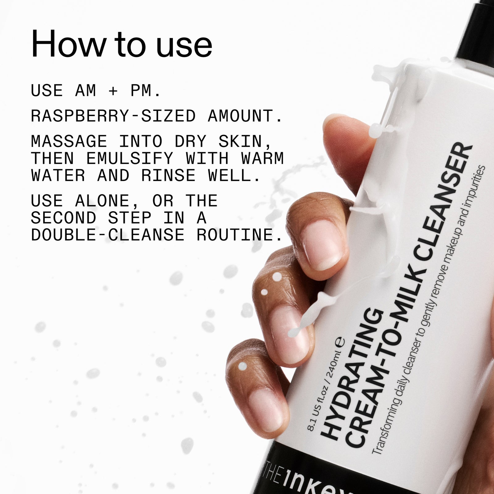 Hand holding Milk Cleanser  with usage instructions on a white background