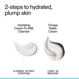 Two swatches of cream with text describing a skincare routine on a white background