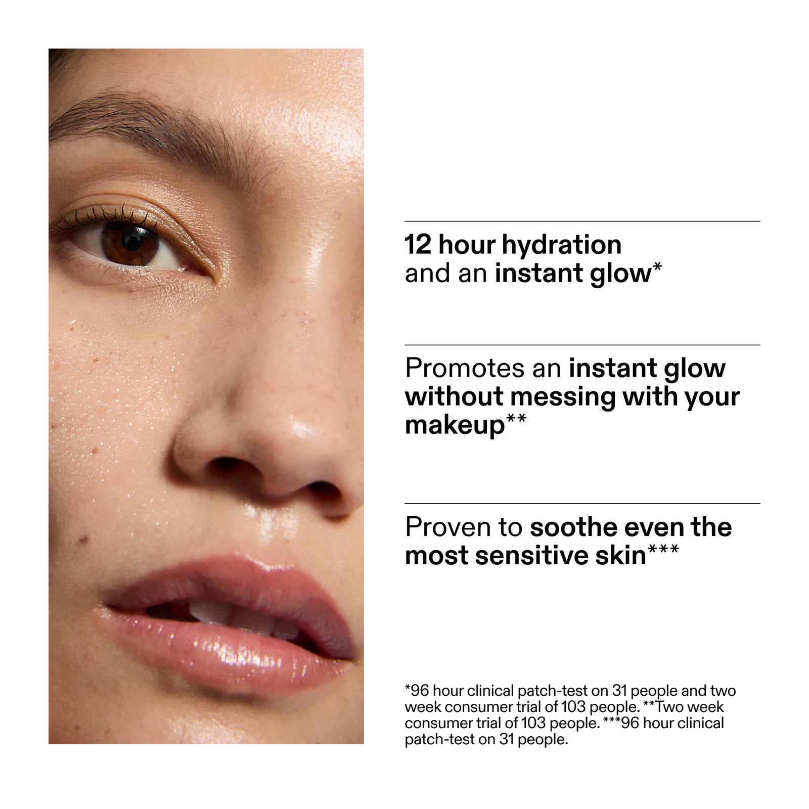 Close-up of a person's face with text about skincare product benefits of Hydro-surge Dewy Face Mist