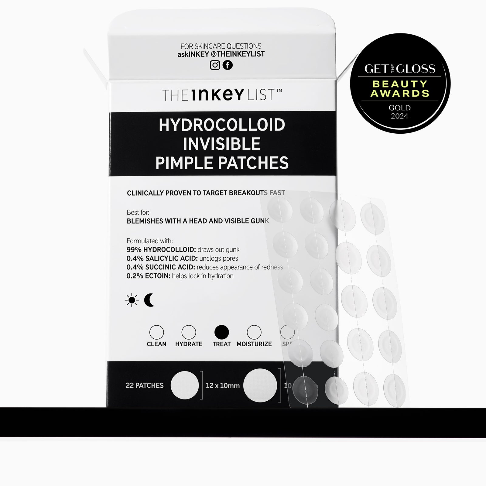 The INKEY List hydrocolloid invisible pimple patches packaging with product details and awards on a white background.