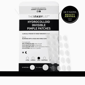 The INKEY List hydrocolloid invisible pimple patches packaging with product details and awards on a white background.