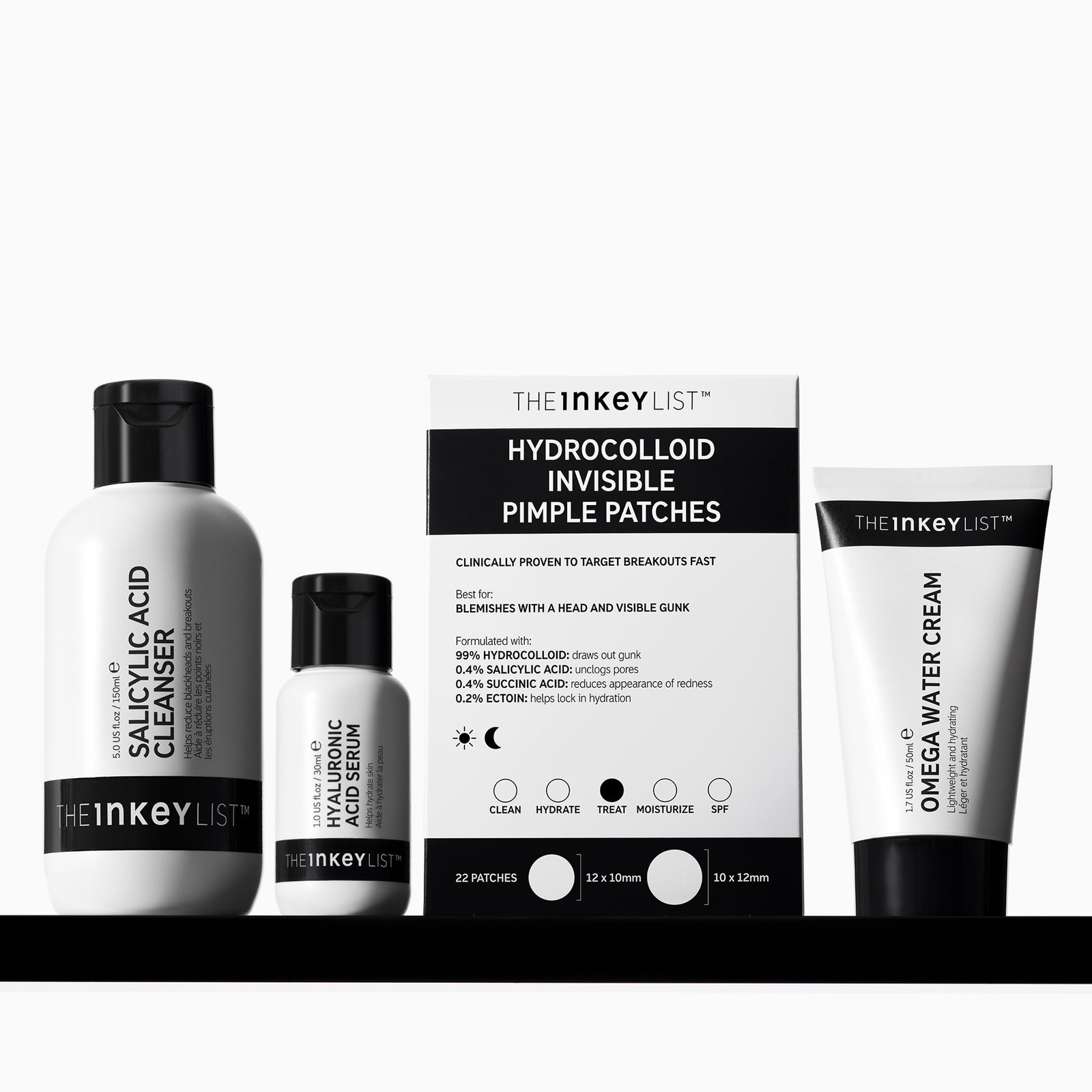 The Inkey List skincare products including cleanser, serum, patches, and cream on a white background