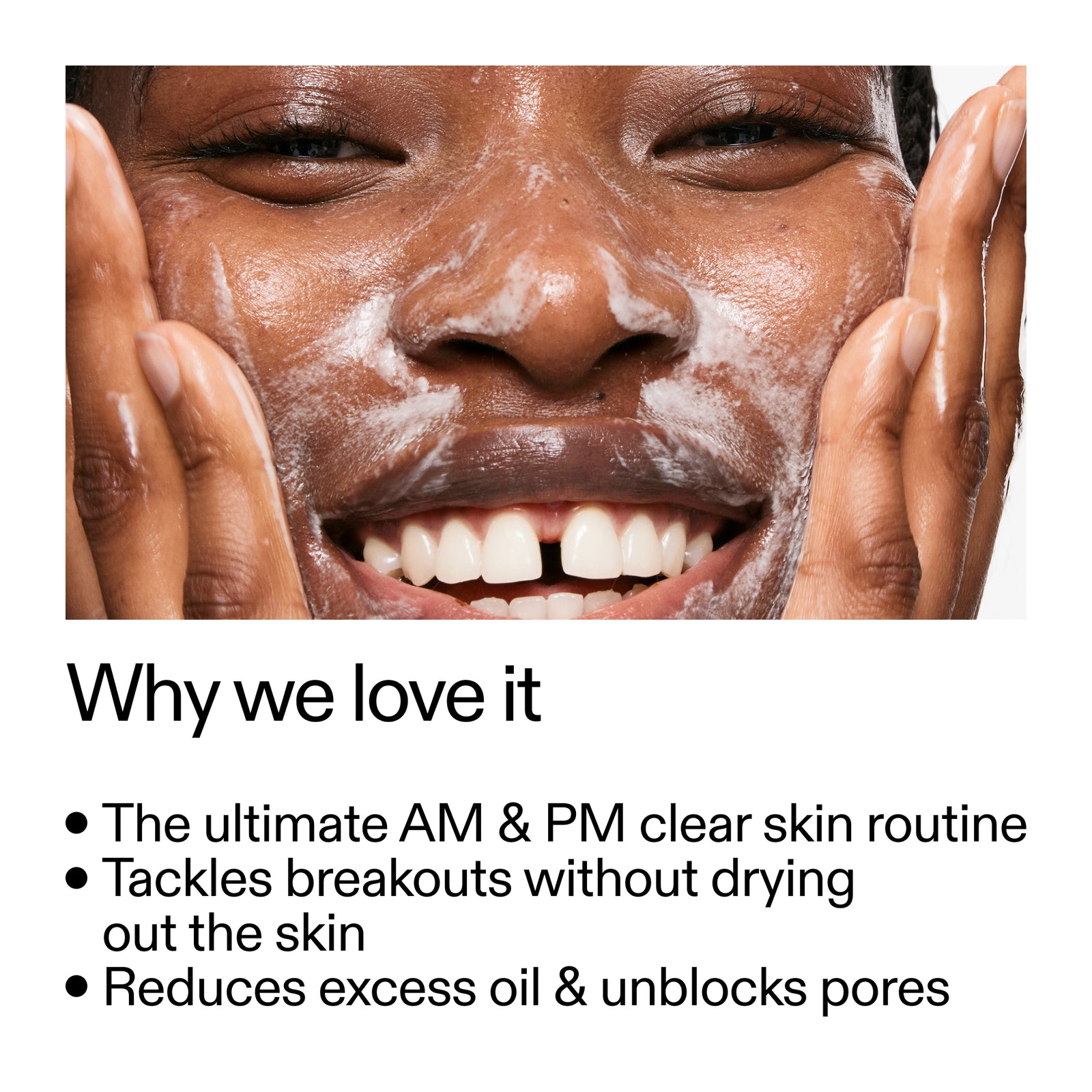 Person applying a facial mask with text highlighting benefits on a white background