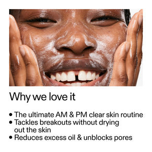 Person applying a facial mask with text highlighting benefits on a white background