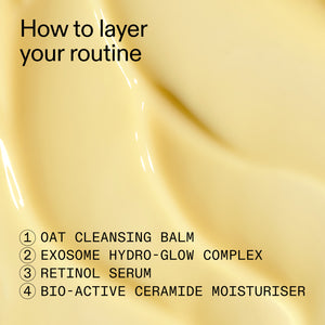 Skincare routine layering guide with product names on a smooth, beige background.